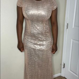 Shimmer rose gold long body con dress